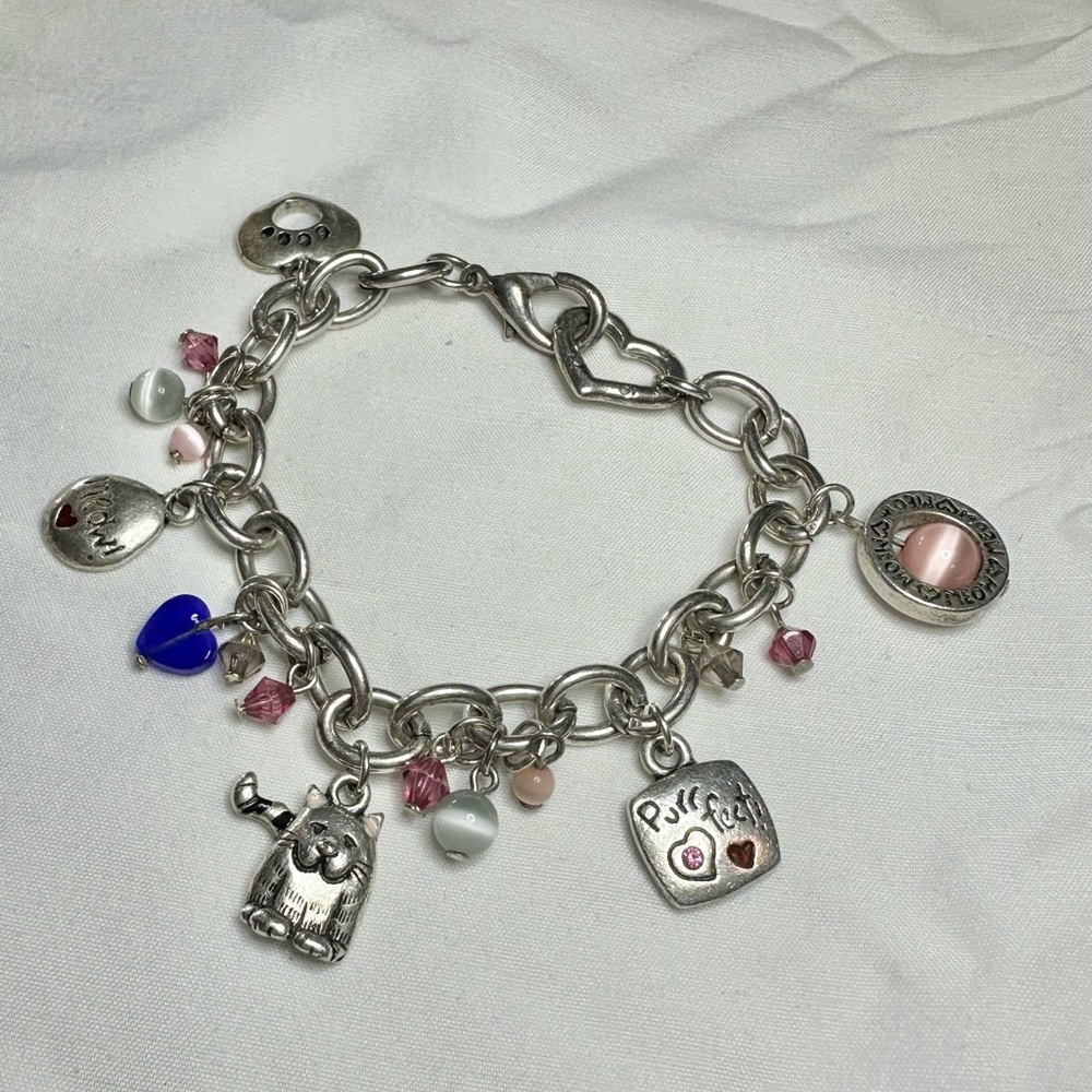 Silver Charm Bracelet with Pink and Blue Accents